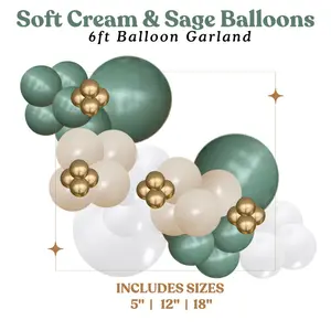 Soft Cream & Sage 6ft Balloon Garland- Sage, White Sand, White & Gold Balloon Garland Kit