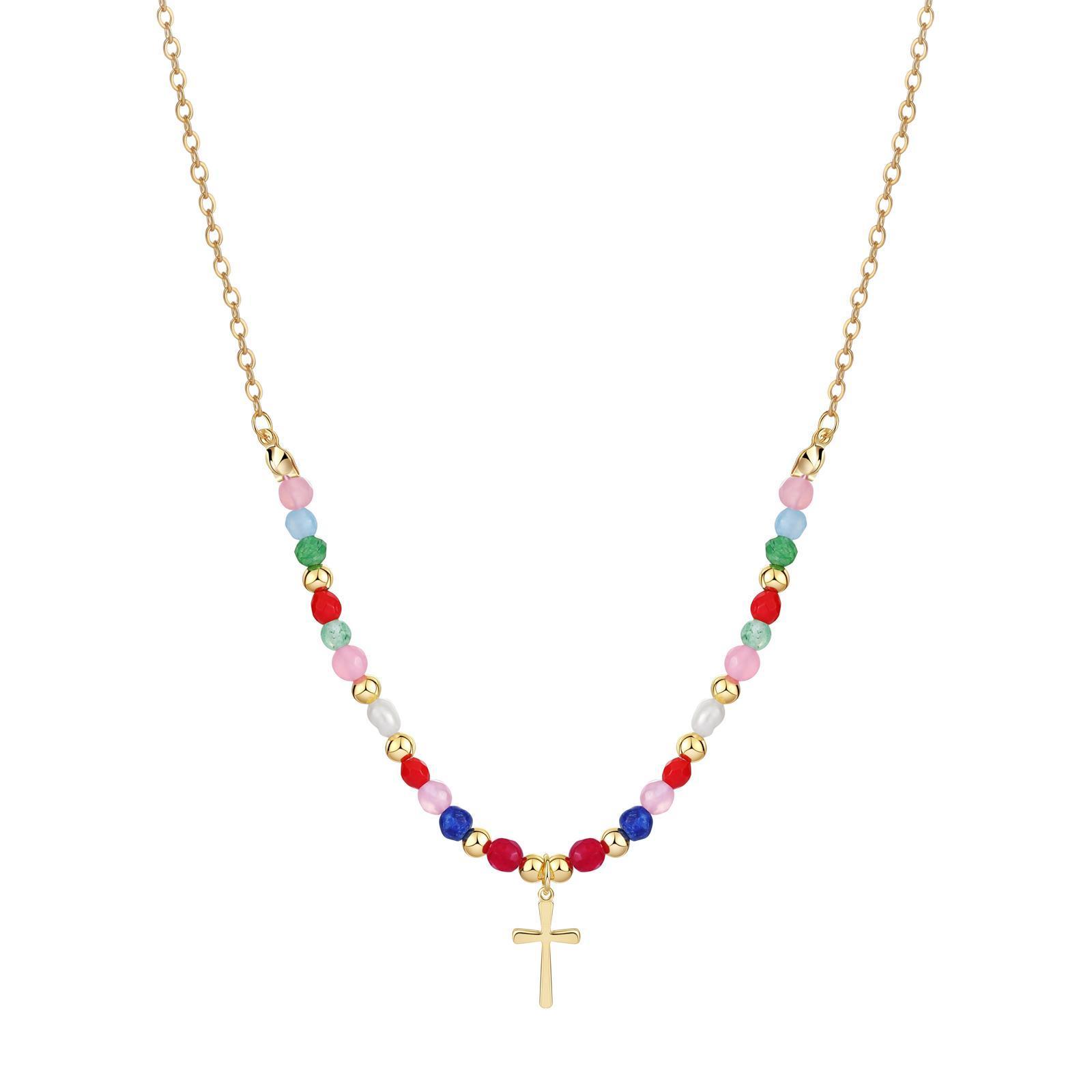 Tasiso Colorful Beaded Cross Necklace for Women 14K Gold/Silver Plated Adjustable Chain Trendy Religious Jewelry Gift Waterproof Hypoallergenic
