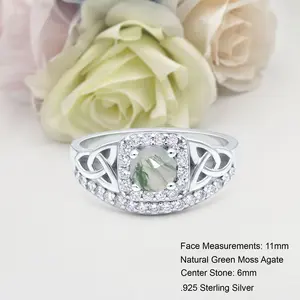 Trinity Halo Cushion Cut 0.84 Carat Natural Green Moss Agate Ring Bridal Band Wedding Round Shape Ring 925 Sterling Silver 11mm