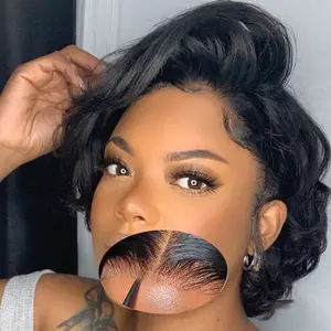 Karlami Hair Glueless Short Wig Human Hair Short Curly Pixie Cut Lace Front Wigs 6 inch 5X5 Human Hair HD Lace Front Wigs Plucked for Women  Body Wave Wig Natural Black black woman