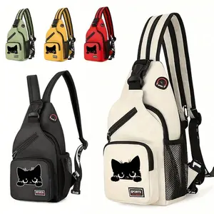 Unisex Dual Zip Crossbody Bag, Cat Pattern Fun Design, Mini Chest Bag, Multiple Colors Available, Multifunctional Large Capacity
