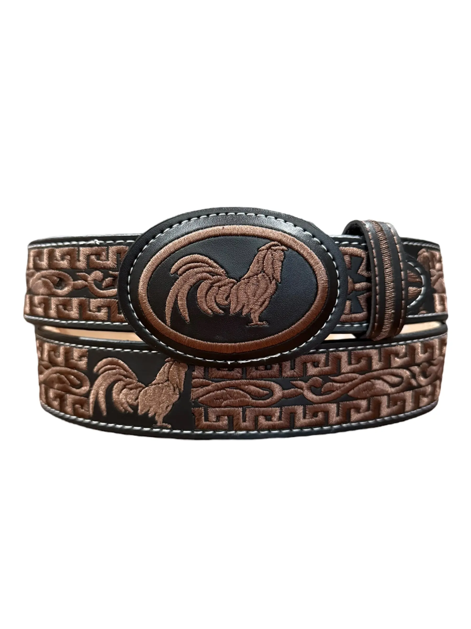 Brown Western Style Embroidered Rooster Leather Belt Cinto Vaquero Bordado Cafe con Gallo