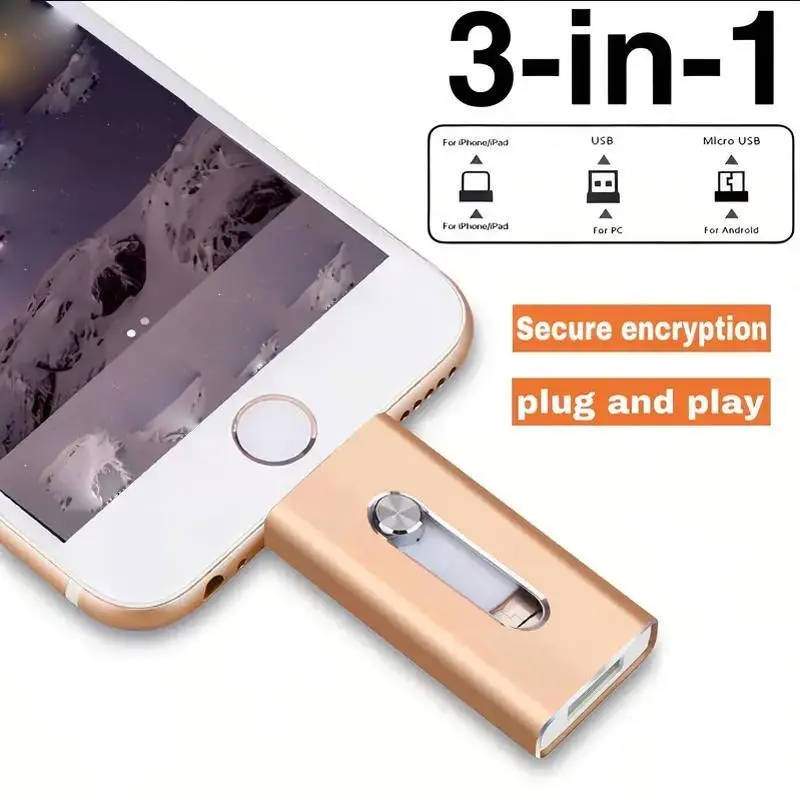 USB 3.0 Retractable Flash Drive, Thumb Drive, USB Flash Drives, 3-In-1 Portable Storage Device for PC/MAC and Android Phones, Ideal for Photo and Data Transfer, Class 10 Speed