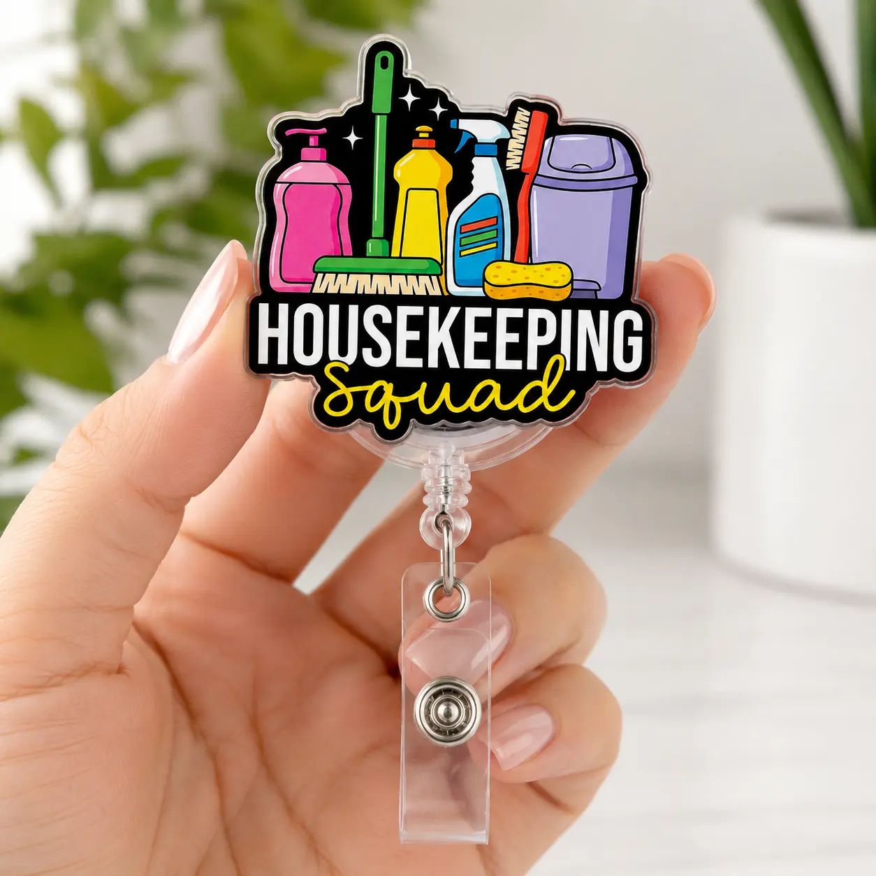 Badge Reel for Housekeeping Staff, Glossy Acrylic Retractable ID Badge Holder with Colorful Cleaning Supplies and Housekeeping Squad Design, Fun Work Accessory for Housekeepers Custodial Staff and Environmental Services, 2 3 Inch