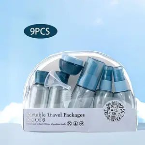 1 Set of Navy Blue Dispensing Bottles Set, 9pcs Set, Refillable Travel Bottle Set, Empty Bottles, Liquid Containers, Travel Essentials, for Carrying Shampoo, Conditioner, Lotion, Soap, Body Wash, etc