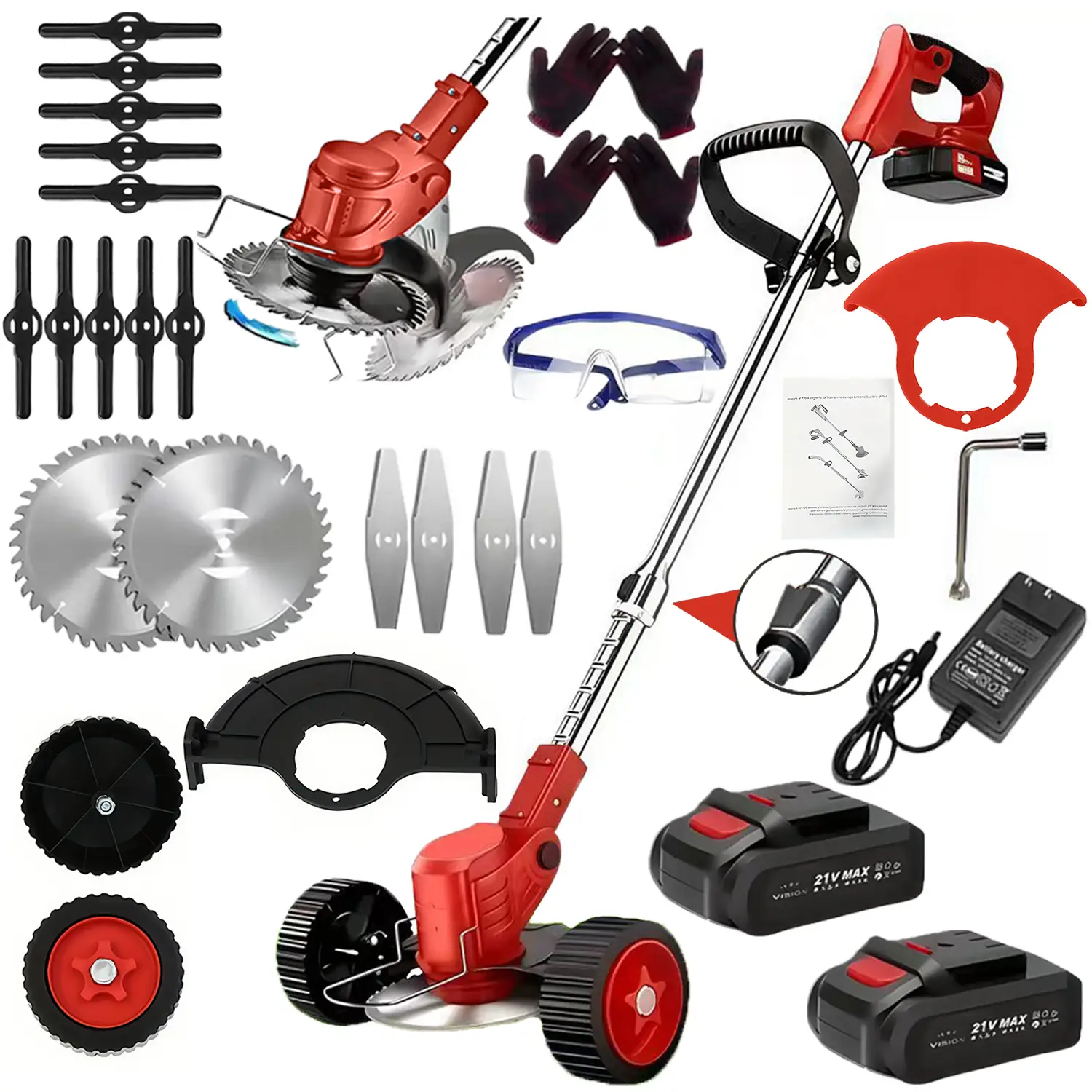 Electric Lawn Mower ,Lightweight, 2*21V Electric Brush Cutter Battery Powered,Equipped with wheels,90° Rotary Head,Telescopic Handle,3 Cutting Methods