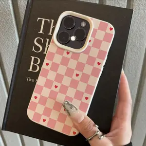 White frosted soft case with lychee pattern, pink plaid and red heart design, perfect as a birthday gift. Compatible with iPhone 17/16/15/14/13/12/11/X/XS/XS Max.