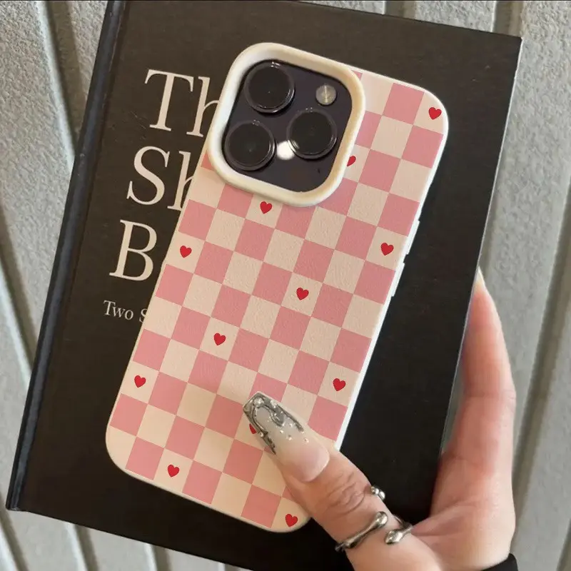 White frosted soft case with lychee pattern, pink plaid and red heart design, perfect as a birthday gift. Compatible with iPhone 17/16/15/14/13/12/11/X/XS/XS Max., Accessories, Smartphone, Cellphone, Handheld,summerwins