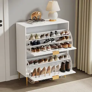 SICOTAS 7-Tier Shoe Cabinet with 2 Fluted Flip Drawers for 28 Pcs High-Gloss Black Modern Shoe Rack Cabinet with Adjustable Shelves Small 31.3"W Wood Shoe Storage Cabinet for Entryway Living Room