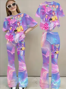 Girls' Anime Style Set, Glowing Character Fitted Top & Wide Leg Bell Pants, Casual Two-Piece Daily Wear