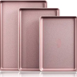 Diamond-Texture Baking Sheet Pan Set, Non-Stick Cookie Sheets, Teflon-Free Heavy Duty Bakeware - 3 Sizes, Baker, Pink Kitchenware Cooking