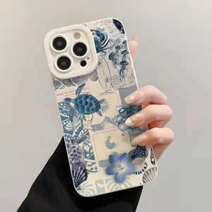 Off-white eye starfish, sea turtle, jellyfish, shell, seaweed, ocean blue pattern phone case, compatible with iPhone 17/16/15/14/13/12/11/X/XS/XSMAX/16E/12.13MINI, shockproof and scratch-resistant, holiday gift for friends, family, and yourself, Cover, Ac