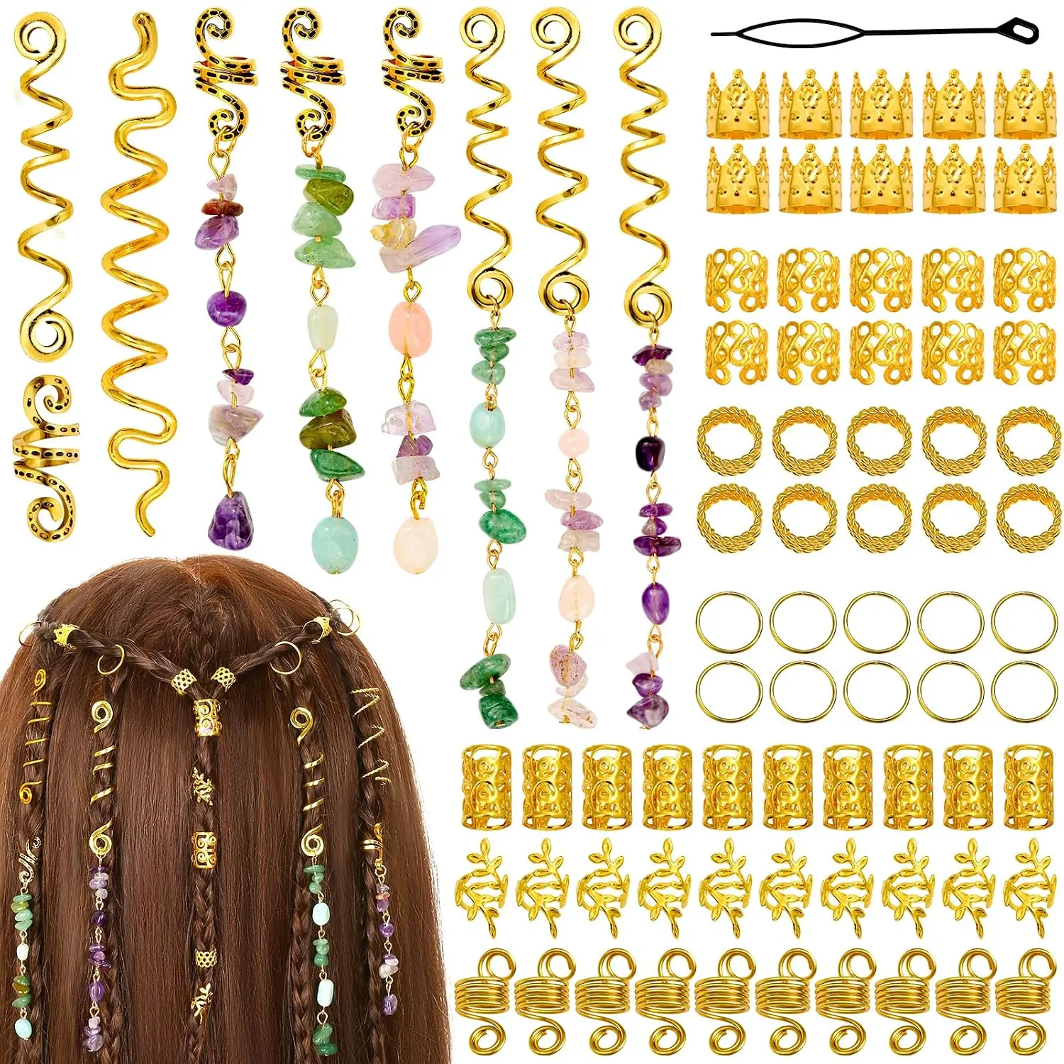 80 Pcs Bohemian Dreadlock Styling Kit, Gold Spiral Twists with Irregular Glass Chip Charms, Ethnic Decorative Braids Cuffs & Rings, Hair Ornament Set Equipped with Double-End Pink Styling Brush for Women’s Braided Hairstyle