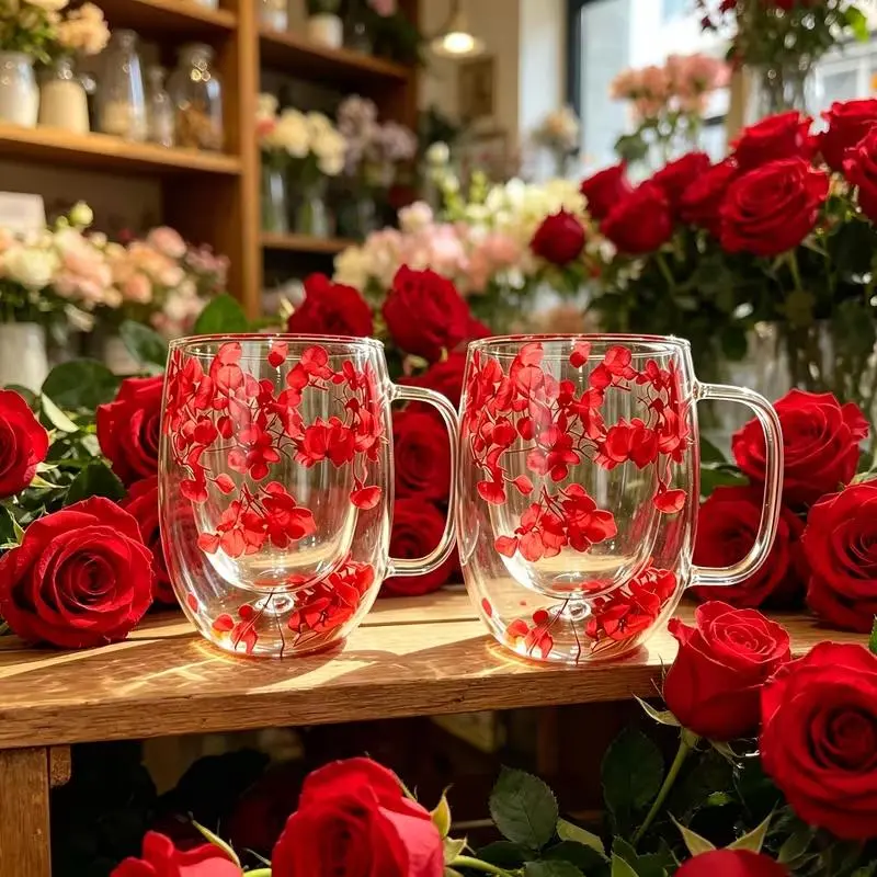 12.51 oz Heat-Resistant High Borosilicate 2-Layer Glass Cup with Handle, Genuine Dried Flower Inlay, Transparent Insulated Tumbler for Hot Drinks, Ideal Gift for Birthdays Housewarmings Weddings, Home Supplies Drinkware