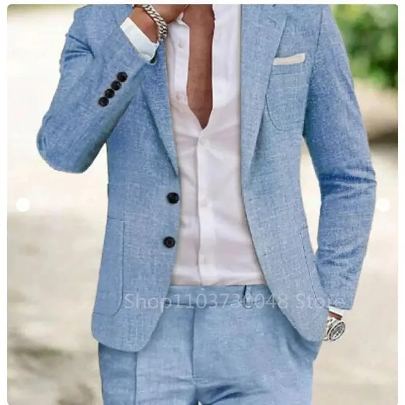 2 Piece Sets Light Blue/Beige Linen Summer Men Suits Notch Lapel Slim Fit Two Buttons Blazer Pants Groom Tuxedos Wedding Prom