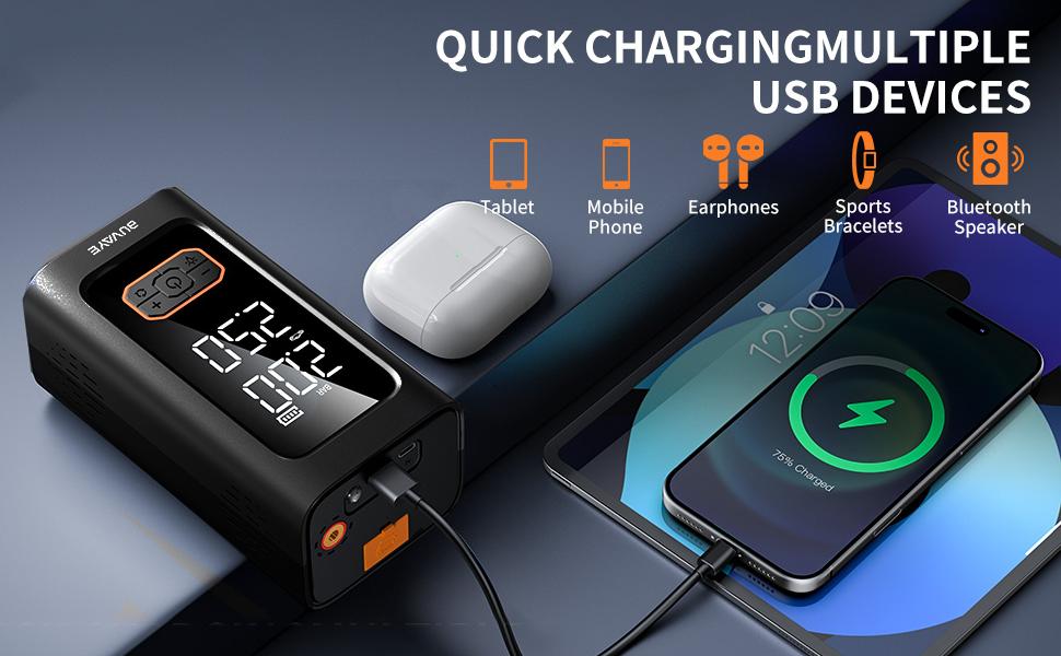 Portable Car Mounted Inflation Pump & Emergency Starting Power Supply, Multi-Function Battery Power Bank for Auto Ignition and Tire Inflation