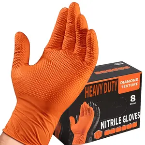 A thickened 8-gauge disposable orange diamond-patterned nitrile glove suitable for multiple uses, 8 mil thick, with raised diamond texture, powder-free and latex-free, suitable for automotive, outdoor, kitchen, and household cleaning purposes