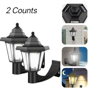 Wild Bright 2-pack vintage lantern decorative lamp, solar-powered black hexagonal wall lamp, waterproof sensor wall lamp, easy to install, suitable for garden and courtyard decoration, corridors, driveways, backyards
