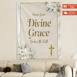 Christian Religious Flannel Blanket - Soft Beige Faith Tapestry with Sacred Grace Floral Cross Design, Suitable for Home, Church, Camping - Inspirational Religious Gift for Christmas, Easter, Weddings - Machine Washable Four Seasons Decoration, Religious