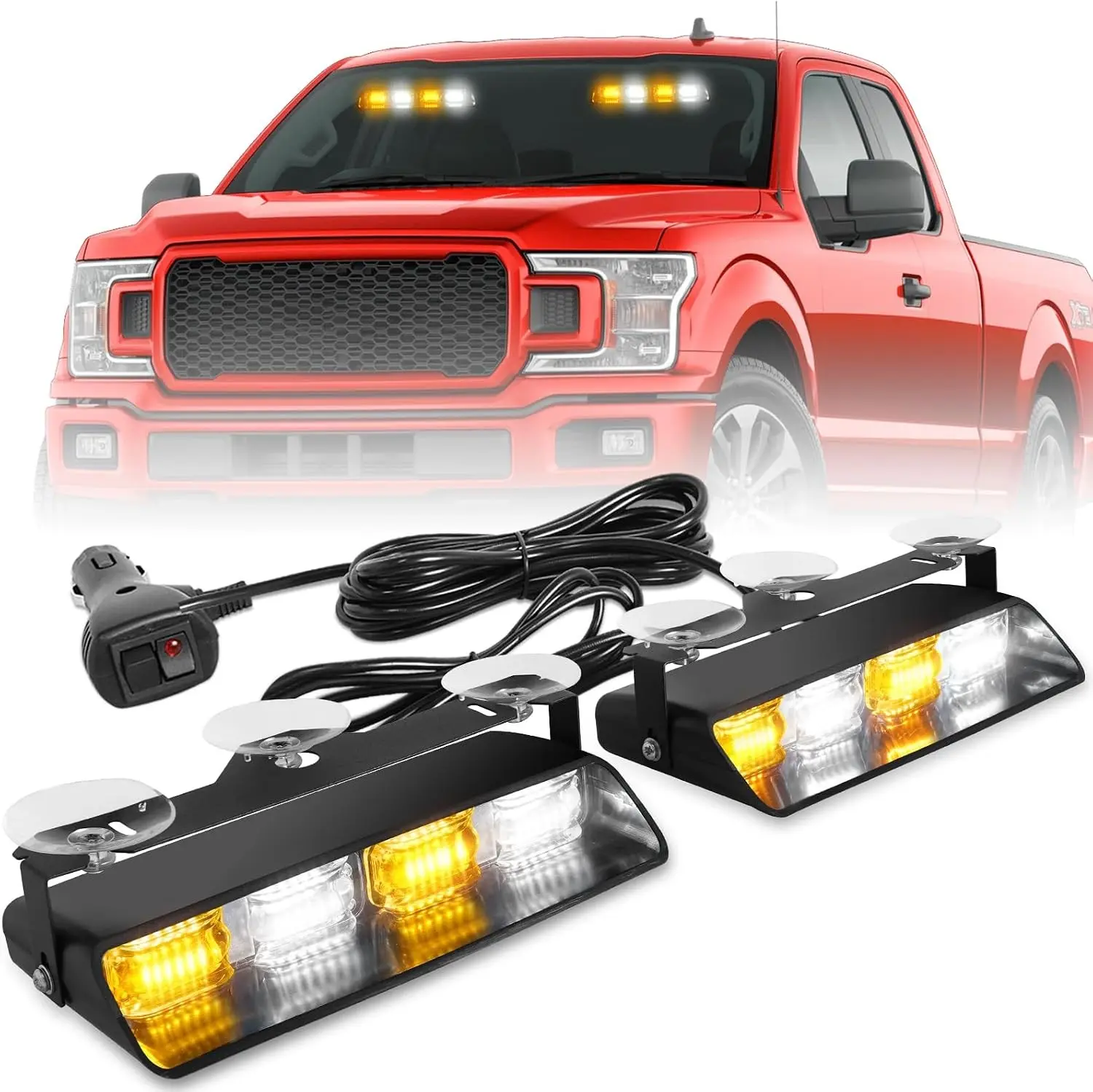 Emergency Dash Strobe Lights Amber White Safety Flashing Warning Hazard Windshield Visor Traffic Light Bars for Trucks Construction Vehicles (2x8.5 inch, 48LED)