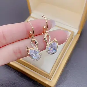 Elegant Swan Pendant Earrings, Sparkling Crystal Inlay, Zinc Alloy, Perfect for Daily Wear and Special Occasions