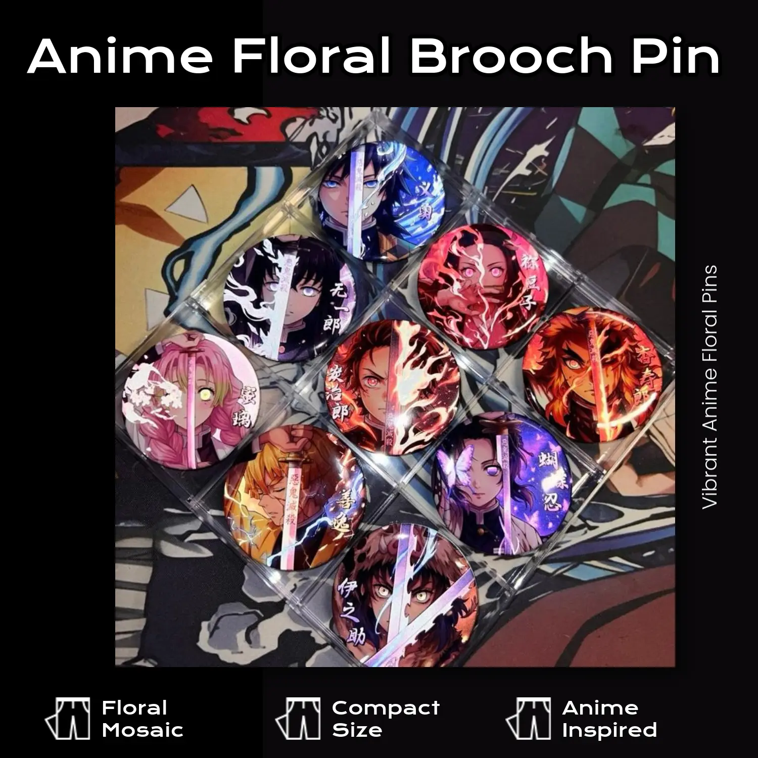 Anime Style 2.25 in / 6cm Broach Pins Featuring Vibrant floral mosaic Character Designs for Collecting