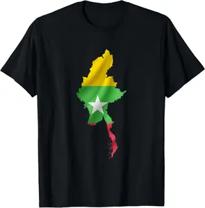 100%cotton Wavy Myanmar Flag inside Map of Myanmar tee shirt, Burma T-Shirt