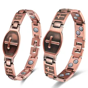2PCS Men Copper Magnetic Bracelets for Couple Double Row 99.9% Solid Pure Copper Cross Bracelet Gift with Adjustment Tool