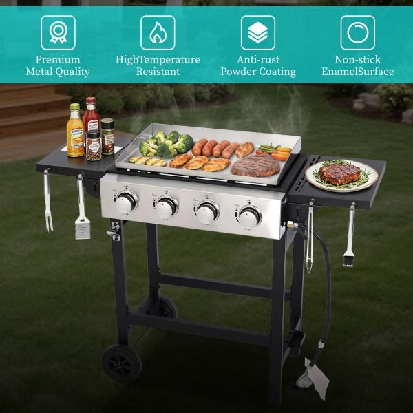 Propane Gas Griddle 4-Burner, Flat Top Grill Griddle, Outdoor Gas Stove with Foldable Side Tables, Wheels - 40,000 BTUs Output, 291 sq.in Cooking Area, for Patio Barbecue, Backyard, BBQ