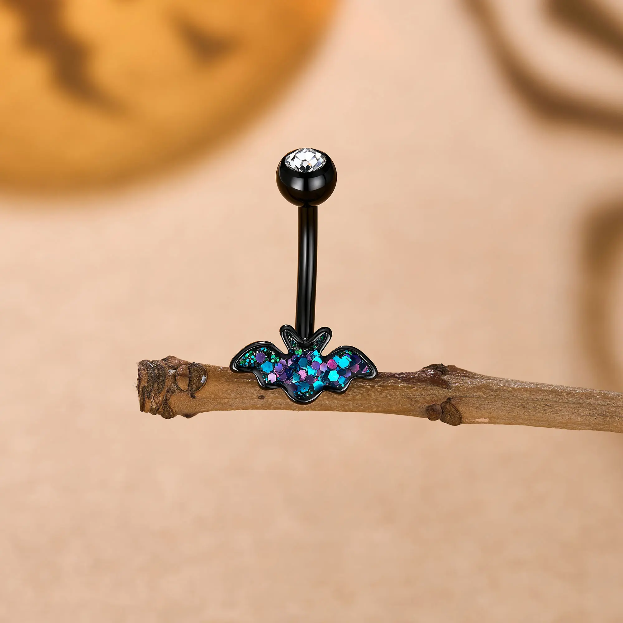 OUFER Female 14G/1.6mm Glitter Bat Animal Belly Ring for Halloween, Fashion Body Jewelry