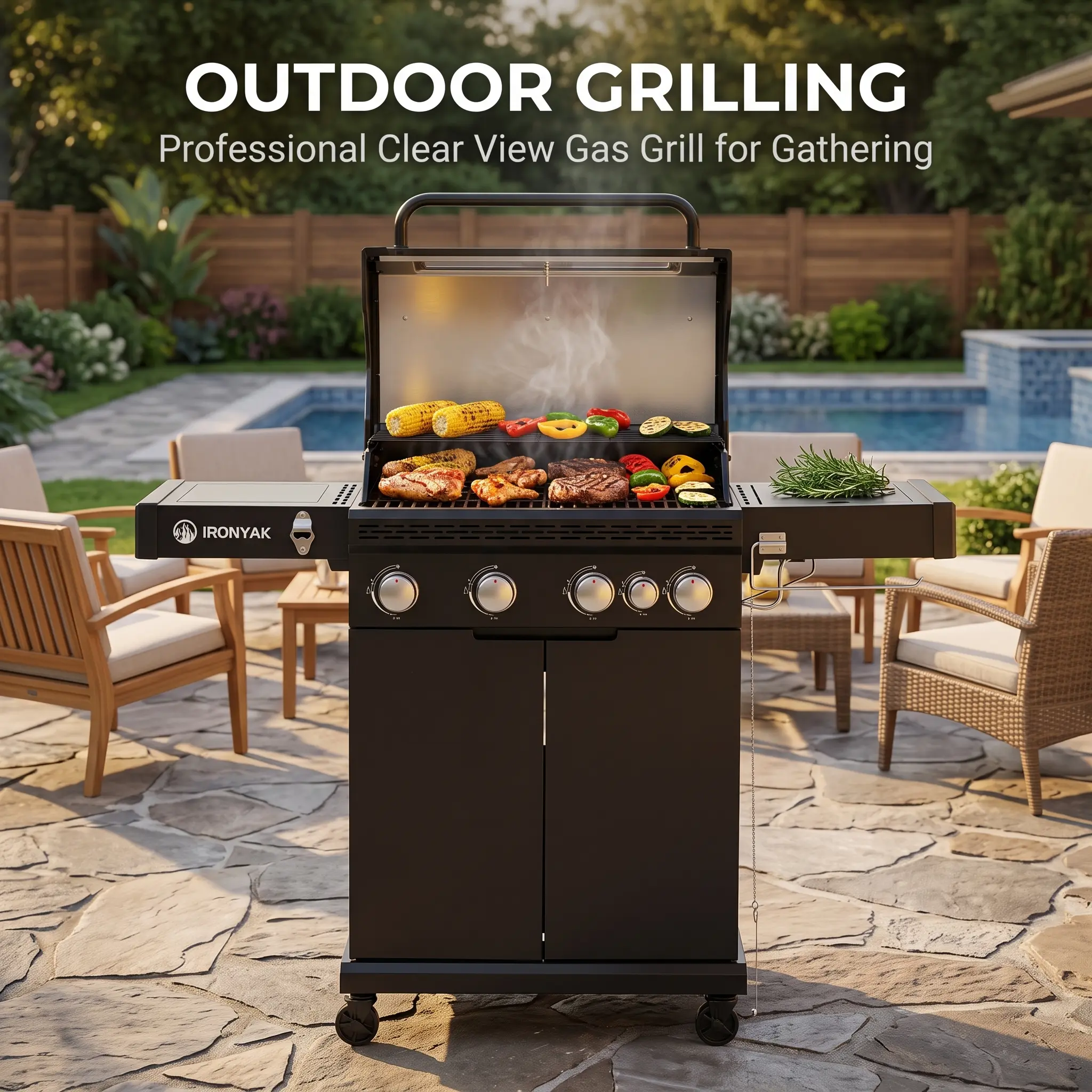 IRONYAK 4+1 Stainless Steel Burner Gas Grill 50,000 BTU with Clear Visual Window, 570 sq.in. Cooking Area Porcelain-enameled Cast Iron Grates, Warming Rack, 360-degree Casters For Outdoor Patio, Backyard and BBQ, Includes Cover.