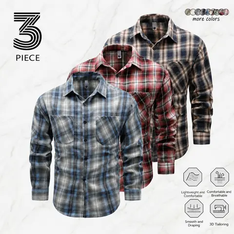 Men's 3-Pack Vintage Classic Casual Plaid Long-Sleeve Button-Down Shirts - Foldable, Pockets, Breathable Material, Turn-Down Collar, Mixed Colors, Suitable for Workplace & Everyday Wear (Vintage Clothing, Button Down Men's Casual Shirts)