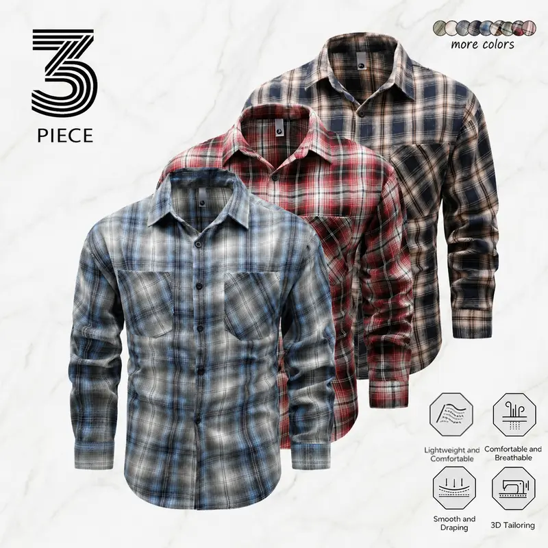 Men's 3-Pack Vintage Classic Casual Plaid Long-Sleeve Button-Down Shirts - Foldable, Pockets, Breathable Material, Turn-Down Collar, Mixed Colors, Suitable for Workplace & Everyday Wear (Vintage Clothing, Button Down Men's Casual Shirts)