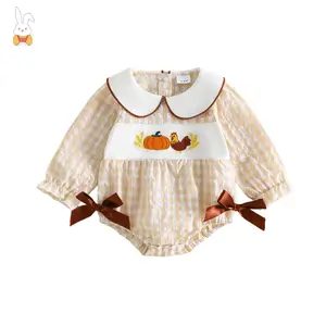 Baby Girl 2026Thanksgiving Bubble Romper with Bows Plaid Embroidered Long Sleeve Doll Collar Bodysuit Infant Fall Clothes