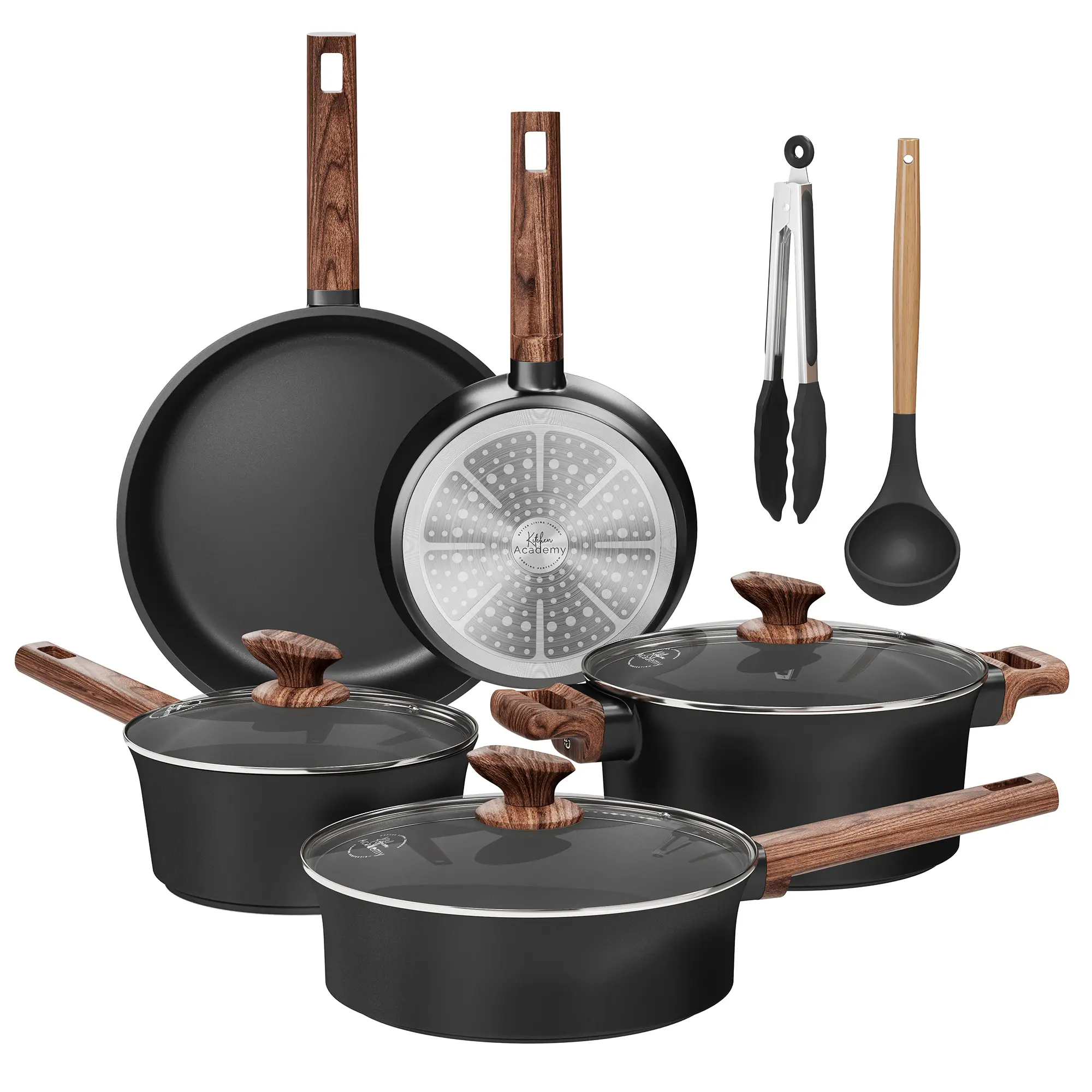 Kitchen Academy 10 Pcs Induction Ceramic Cookware Set, Non Toxic Pots and Pans Set Non Stick, Healthy Nonstick Black Cooking Pans Set, Deals for you