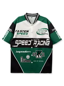 Single Baseball Collar Event Style Shirt, Speed Racing Letter, Bright, Racing Competition Clothing, Streetwear, Casual Outerwear, Unisex, Youth Fashion Trend, Sports Tops