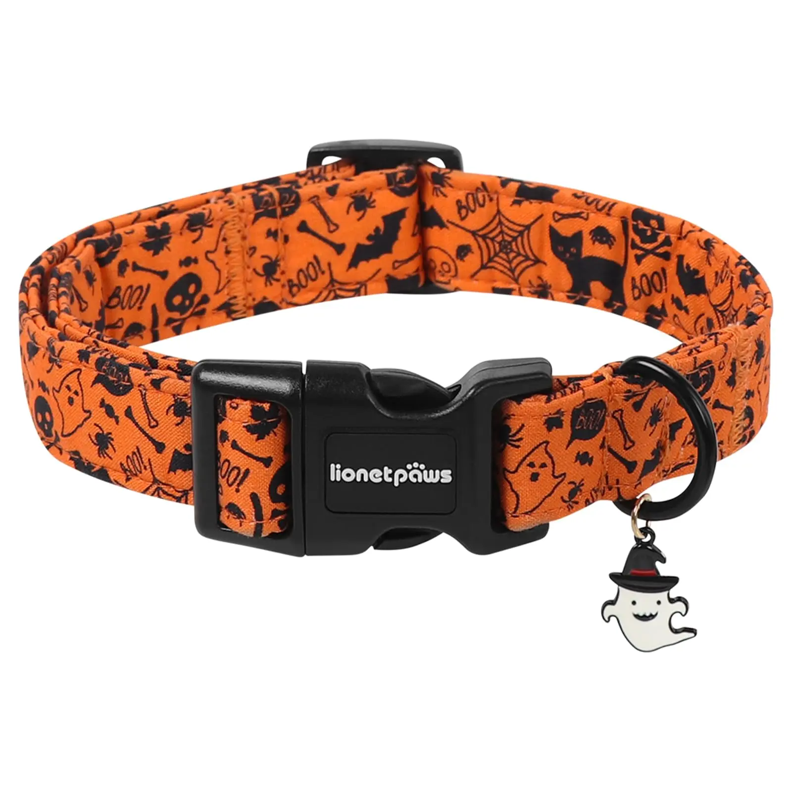 Lionet Paws Halloween Dog Collar – Fall Brown Boo Pumpkin Collar for Small & Medium Dogs, Cute Ghost Pendant, Flower Design for Females (XS Available)