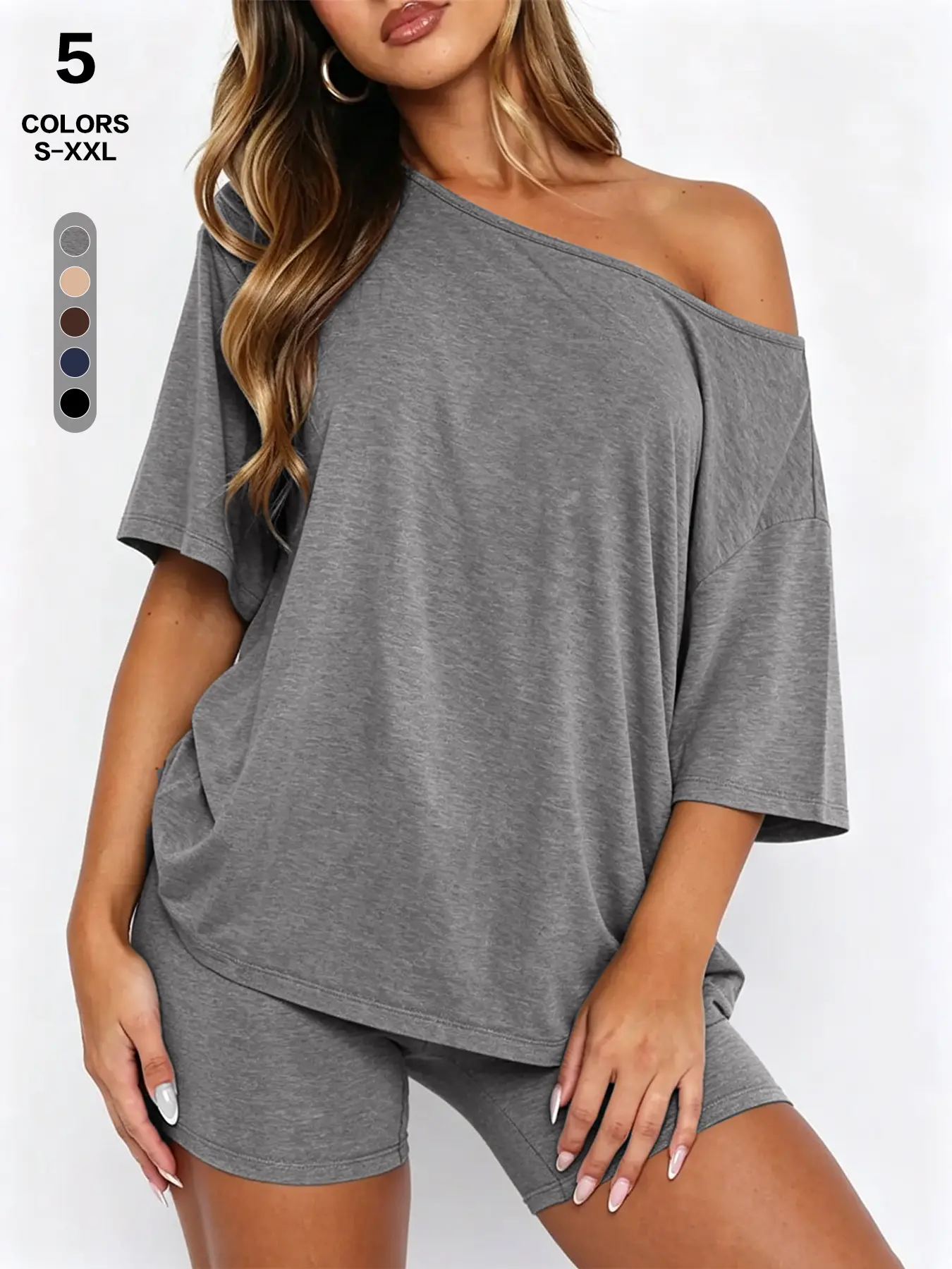 Trendy one-shoulder drop-sleeve T-shirt and cycling shorts set for women — soft, high-stretch summer athleisure co-ord set available in five colors