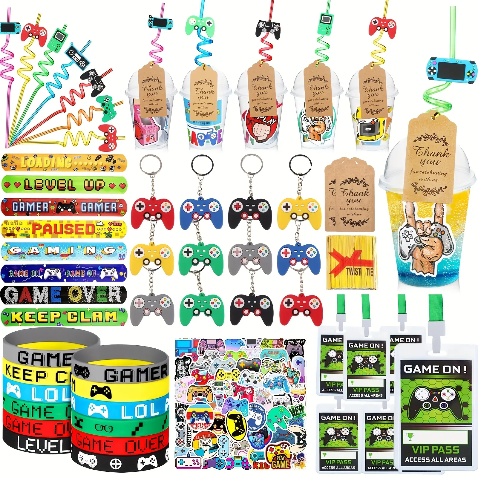 Video Game Party Favors Gamer Birthday Supplies, Include Gift Cups Straw Bracelet Keychain Sticker Goody Bags Girls Boys Gaming Party Favors Decor