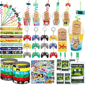 Video Game Party Favors Gamer Birthday Supplies, Include Gift Cups Straw Bracelet Keychain Sticker Goody Bags Girls Boys Gaming Party Favors Decor