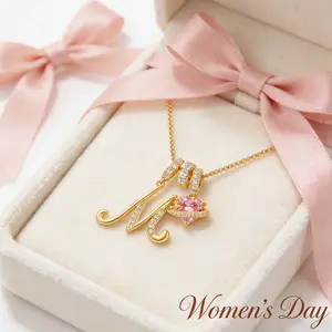 Initial Heart Necklace for Women Pink Cubic Zirconia Pendant 18K Gold Plated Jewelry Gift for Women’s Day, Birthday, Anniversary Holiday/Birthdays/Anniversaries/Valentine's Day