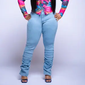 Stacked! Bootcut Ruched Jeans Denim Bottom Streetwear Pants Women Style Cotton