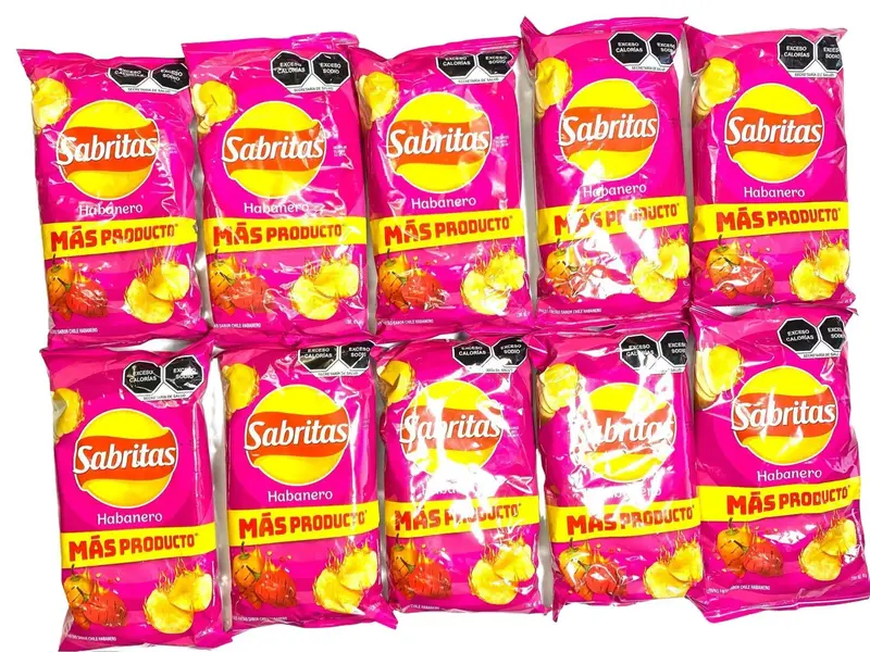 10 - PK SABRITAS HABANERO, Sabritas Chips, Snack Crispy Crunchy Bite - 44 GRAMS PER BAG - MEXICAN CHIPS - PAPITAS MEXICANAS - SABRITAS MEXICANAS