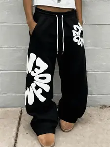 Men's Black Flower Letter Print Wide-Leg Sweatpants, Streetwear Elastic Waist Drawstring Trousers, Denim Tears-Inspired Puff Print & Y2K Aesthetic, Versatile Casual Bottoms for Men's Daily Outfits