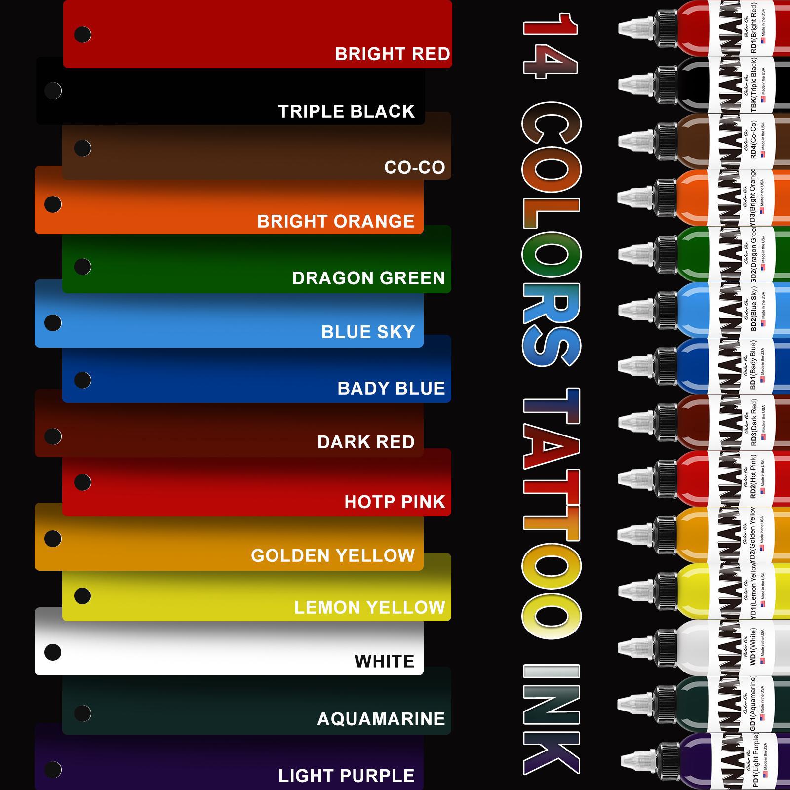 14-Color Vegan Prepared Tattoo Ink Set, 1oz Bottles, Fade-Resistant Vibrant, Smooth Consistency Supplies for Adult Artists, Multi-Style All Skin Types US-Popular Kit 14-Color Vegan Prepared Tattoo Ink Set, 1oz Bottles, Fade-Resistant Vibrant, Smooth Consistency Supplies for Adult Artists, Multi-Style All Skin Types US-Popular Kit