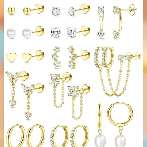 LOLIAS 13 Pairs Hypoallergenic Flat Back Earrings Set for Women - Surgical Stainless Steel, 14K Gold Plated, Unisex Stacking Earrings for Sensitive Ears, Daily Multiple Piercing Jewelry (Studs, Hoops, Chain Cartilage Styles)