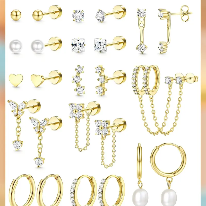 LOLIAS 13 Pairs Hypoallergenic Flat Back Earrings Set for Women - Surgical Stainless Steel, 14K Gold Plated, Unisex Stacking Earrings for Sensitive Ears, Daily Multiple Piercing Jewelry (Studs, Hoops, Chain Cartilage Styles)