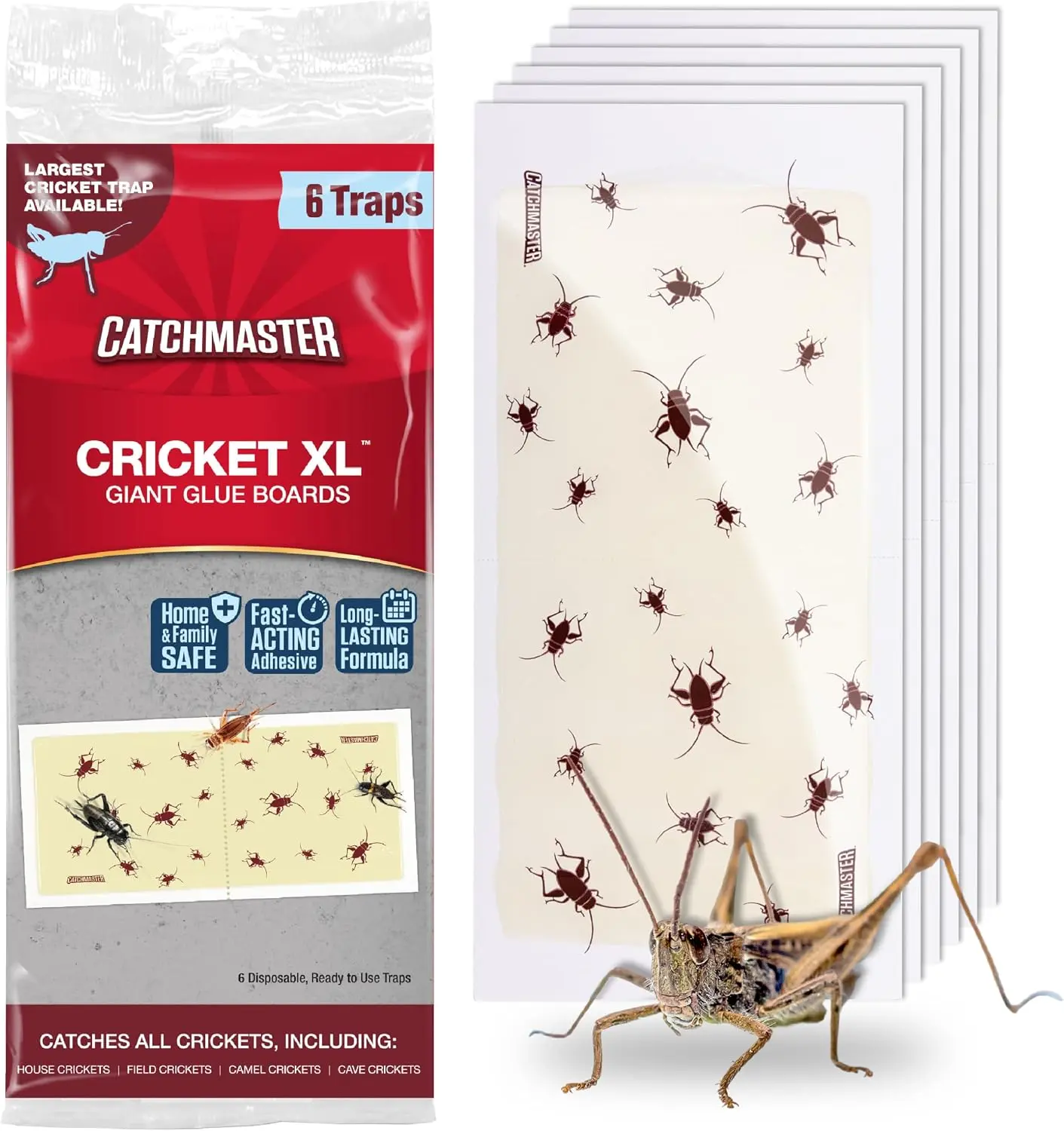 Catchmaster Cricket XL Giant Glue Boards 6-Pk, Adhesive Bug Catcher Cricket Traps Indoor, Sticky Trap for Inside Your Home, Bulk Insect Killer, Insect Traps for House & Garage, Pest Control for Home