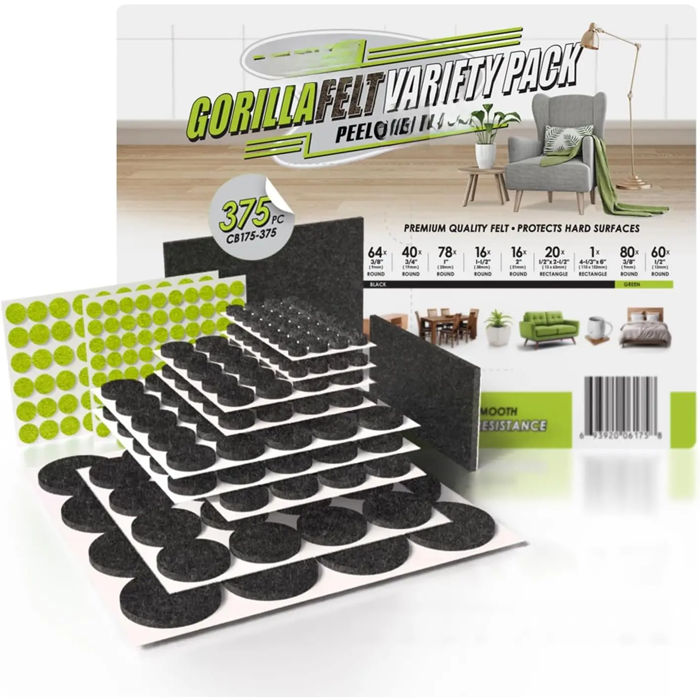 Gorilla Felt Furniture Pads (375  Variety Pack)  Furniture Pads & Chair  Floor Protectors for Hardwood Floors & Hard Surfaces