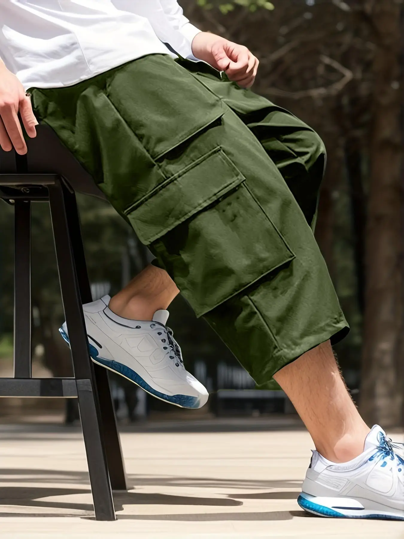 【Plus Size】 Solid Drawstring Waist Cargo Capris Pants, Casual Pocket Design Capri Pants for Daily Wear, Fashion Men's Bottoms for All Seasons